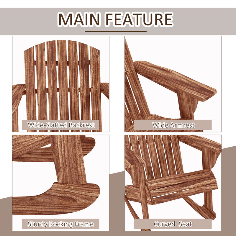 Outsunny Wooden Adirondack Rocking Chair Outdoor Lounge Chair Fire Pit Seating with Slatted Wooden Design, Fanned Back, & Classic Rustic Style for Patio, Backyard, Garden, Lawn, Carbonized