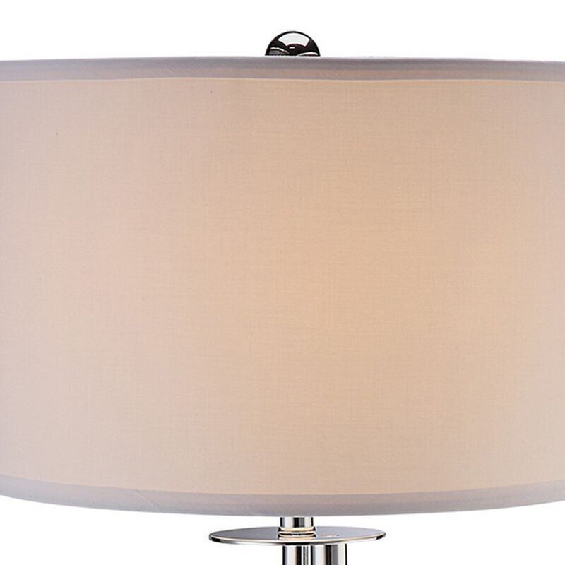 30 Inch Table Lamp, White Drum Fabric Shade, Modern Round Chrome Base - Benzara