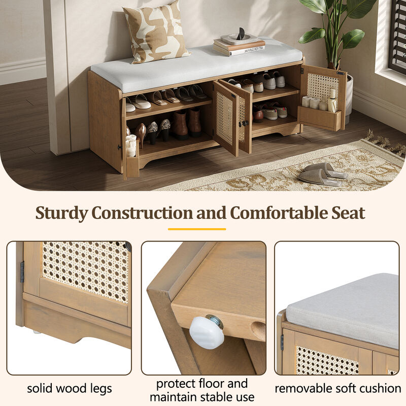 Merax Rustic Storage Bench with Woven Rattan Doors, 2 Adjustable Shelves image number 6