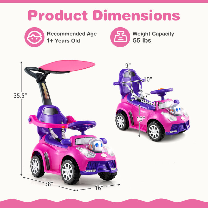 3-in-1 Toddler Ride-On Push Car with Canopy, Seat Belt and Footrest image number 2