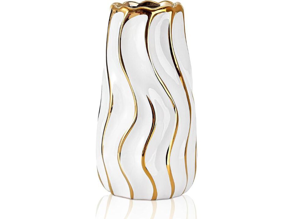 6.8" White Ceramic Vase &ndash; Vertical Stripe French Vintage Decorative Centerpiece