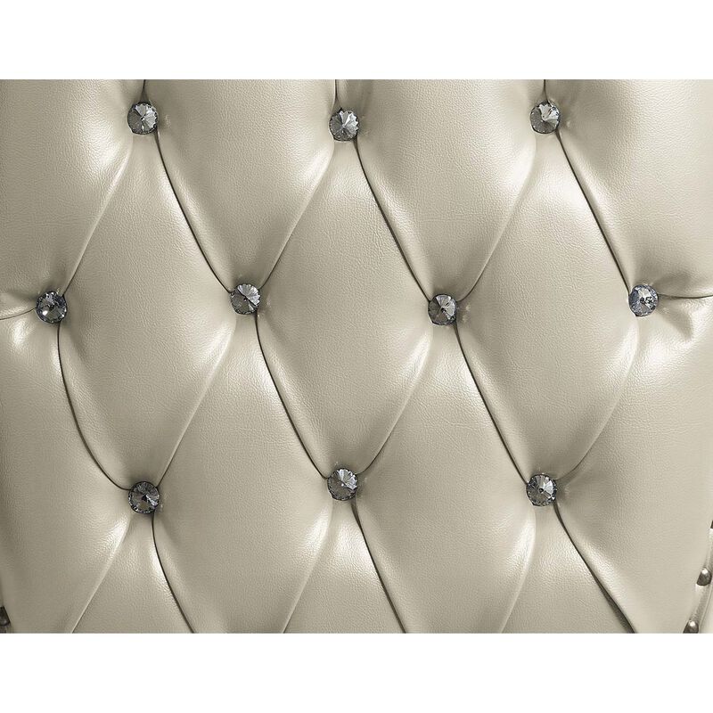 Kin King Size Bed, Ornate Vintage White, Tufted Beige Faux Leather - Benzara
