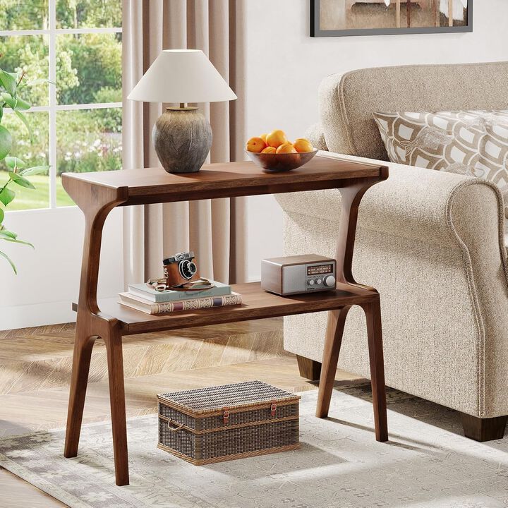 Tribesigns Solid Wood End Table, 2-Tier Slim Side Table with Storage Shelf, Narrow Sofa Side Table for Living Room, Bedside Table Nightstand for Bedroom, Small Accent Table for Small Spaces