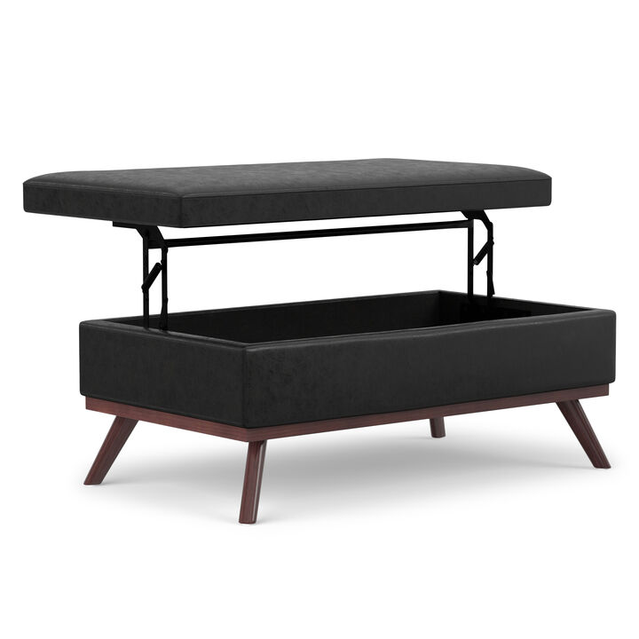 Owen 42 inch Wide Mid Century Modern Rectangle Lift Top Large Coffee Table Storage Ottoman in Distressed Black Vegan Faux Leather, Assembled