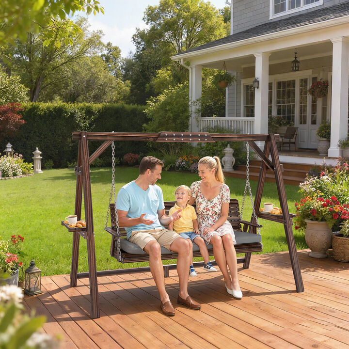 Hivvago 3-Seat Wooden Porch Swing with Stand & Cushion
