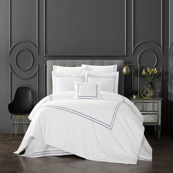 Chic Home Santorini Cotton Comforter Set Dual Stripe Embroidered Border Hotel Collection Bed In A Bag Bedding - Includes Sheets Pillowcases Decorative Pillow Shams - 8 Piece - King 106x96, Navy
