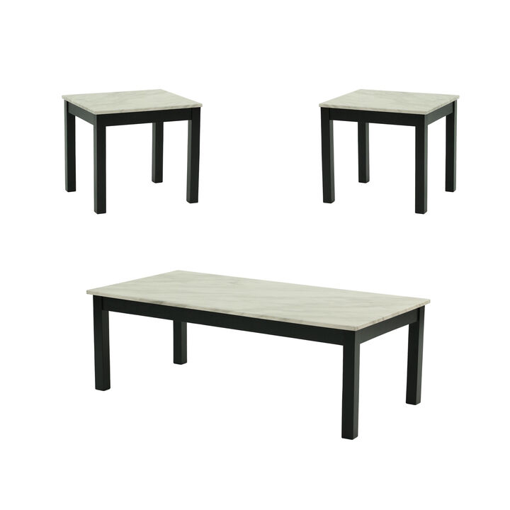 3 Piece Coffee Table and End Table with Faux Marble Top, Black and White