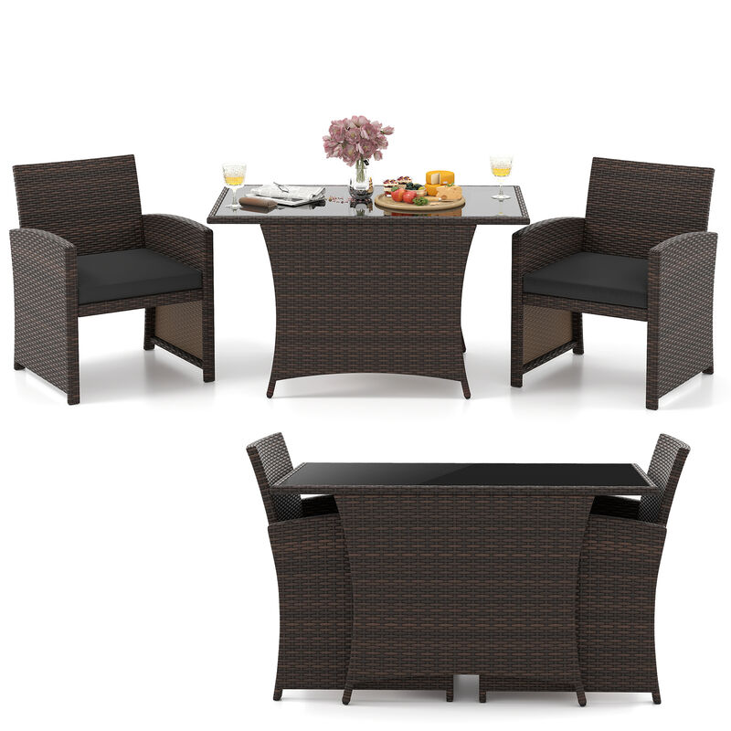 3 Piece Patio Wicker Dining Set with Rectangle Tempered Glass Dining Table