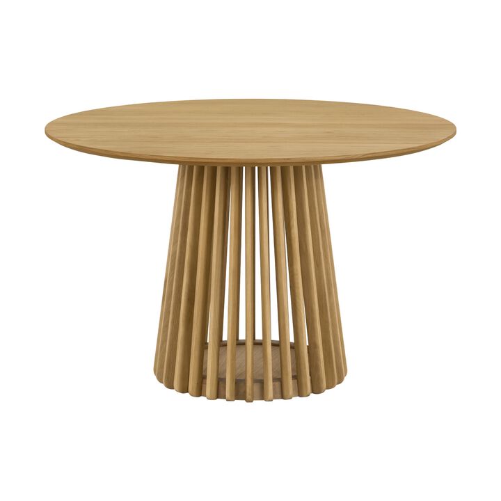 Dyan Dining Table, 47 Inch Round Top, Slatted Slant Base, Natural Oak Brown - Benzara