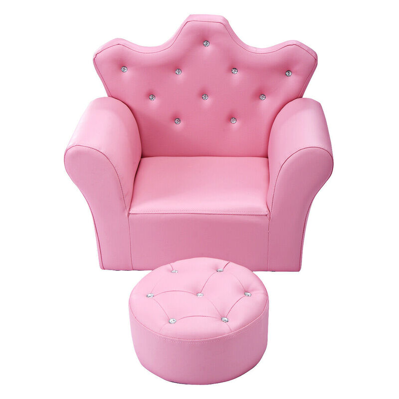 Children Upholstered Princess Sofa with Ottoman and Diamond Decoration for Boys and Girls