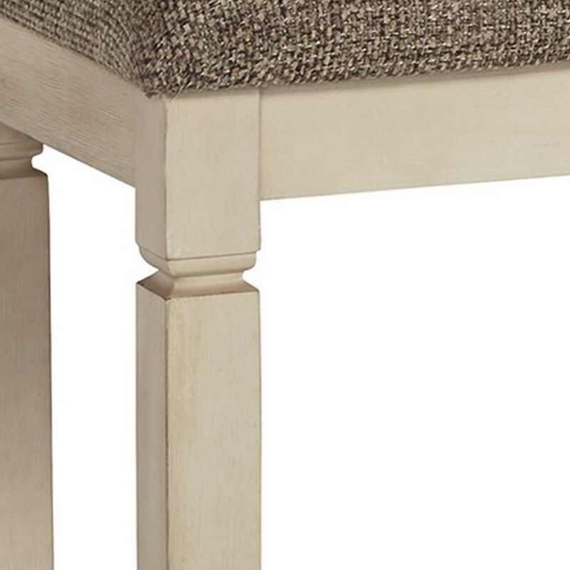 65 Inch Two Tone Dining Bench, Woven Fabric Cushion, Vintage White Wood - Benzara