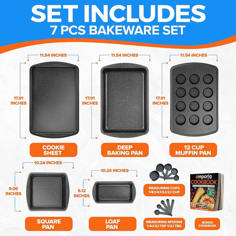 Stackable Baking Pan Set - Deluxe Nonstick White Marble Coating, Carbon Steel Bakeware Sets, PFOA, PFOS, PTFE Free, Recipe Booklet Included, Oven Safe (Up to 450°F), Set of 7