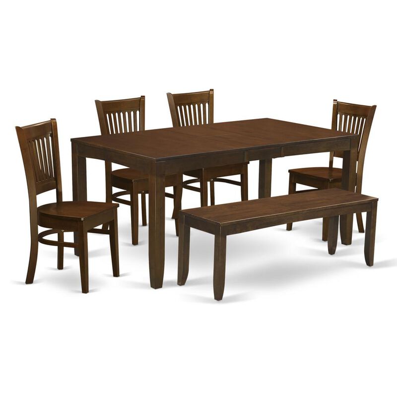 6-Pc Table with a 12" Leaf and 4 Wood Chairs Plus Bench