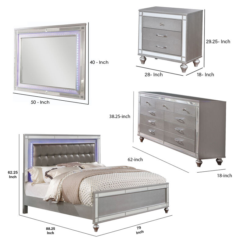Ishin 4 Piece King Bedroom Set, LED and Mirror Trim, Textured Details, Silver - Benzara