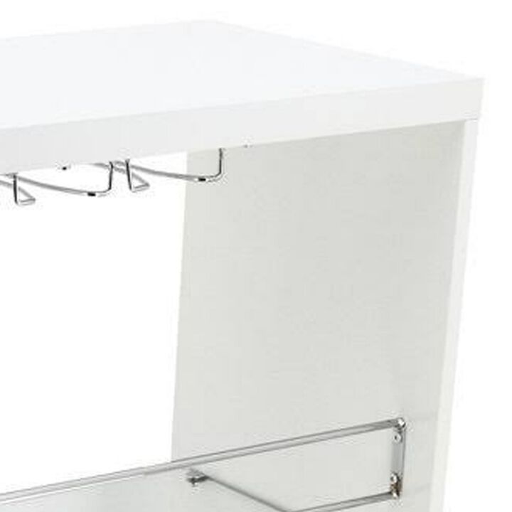 Zaina 42 Inch Modern Bar Table, 3 Shelves, Tempered Glass, White, Chrome - Benzara