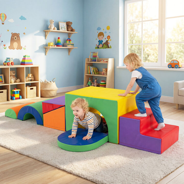 Toddler Soft Play Set, 7-Piece Foam Climbing Blocks with PU Leather