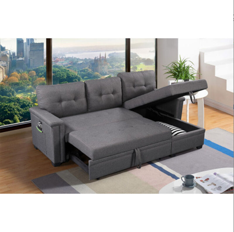 Dark Gray Reversible Sleeper Sectional Sofa with Storage Chaise, USB Charging Ports and Pocket
