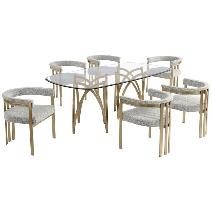 Best Quality Furniture 7Pc Tempered Glass Dining Table Set With 6 Rich Gray With Matte Gold Side Chairs