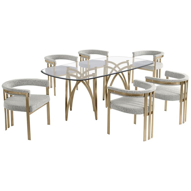 Best Quality Furniture 7Pc Tempered Glass Dining Table Set With 6 Rich Gray With Matte Gold Side Chairs