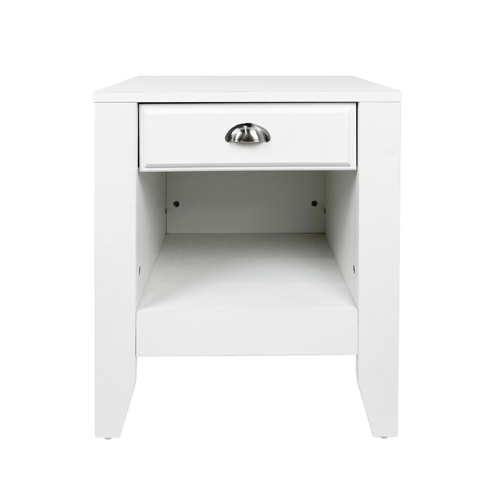Crown Bedside Table Nightstand, 21 Inch w Drawer n Shelf, White MDF