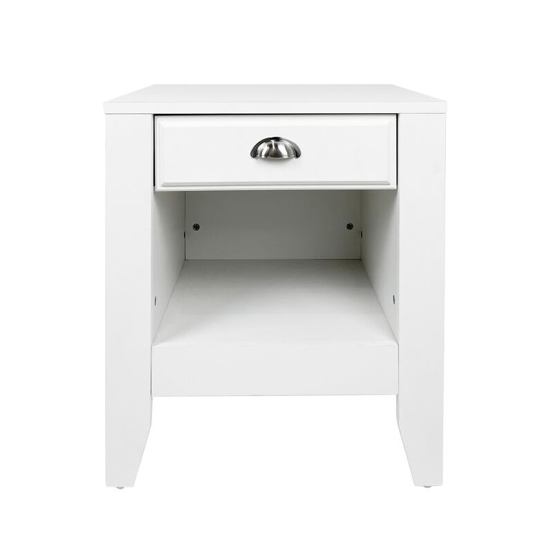 Crown Bedside Table Nightstand, 21 Inch w Drawer n Shelf, White MDF