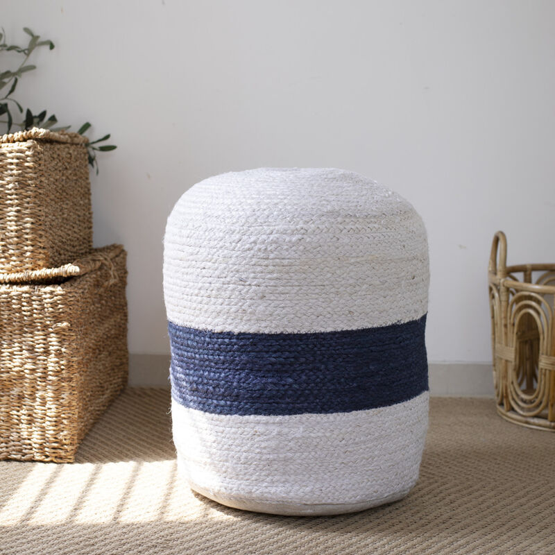 Hivvago 18 Inch Off White And Navy Blue Jute Blend Cylinder Striped Pouf Ottoman