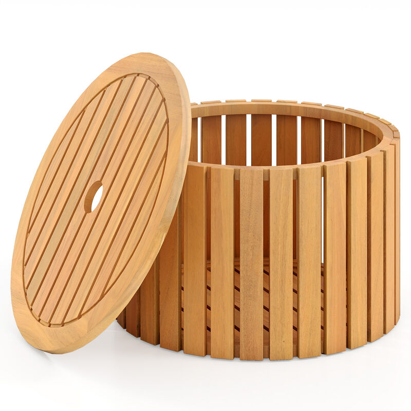 Outdoor 2-in-1 Side Table with Acacia Wood Slatted Coffee Table and Round End Storage Box-Natural image number 3