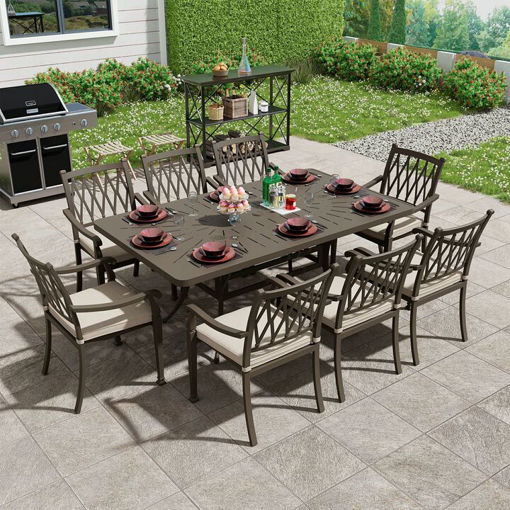 Mondawe 9-Piece Cast Aluminum Patio Dining Set 1 Rectangle Retro Table and 8 Dining Chairs with Cushion