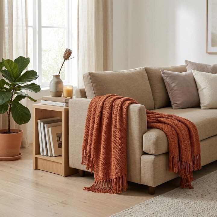HomeRoots Orange Woven 100% Cotton Throw Blanket