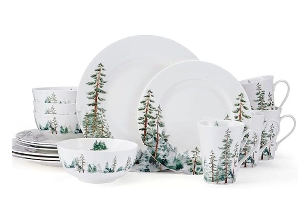 16-Piece Bone China Dinnerware Set – Forest Print Plates & Bowls for 4