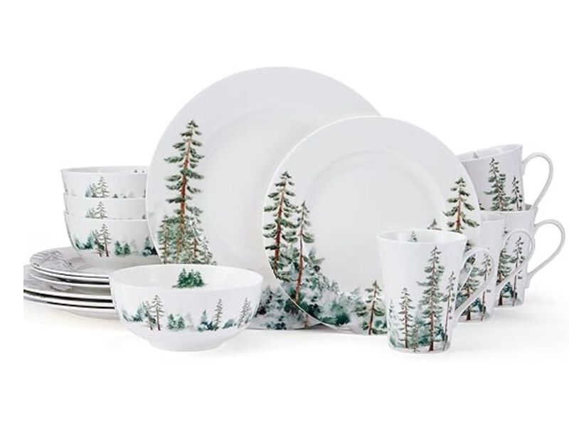 16-Piece Bone China Dinnerware Set – Forest Print Plates & Bowls for 4