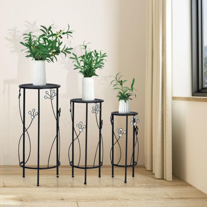 Hivvago 3 Pieces Metal Plant Stand Set with Crystal Floral Accents Round-Black