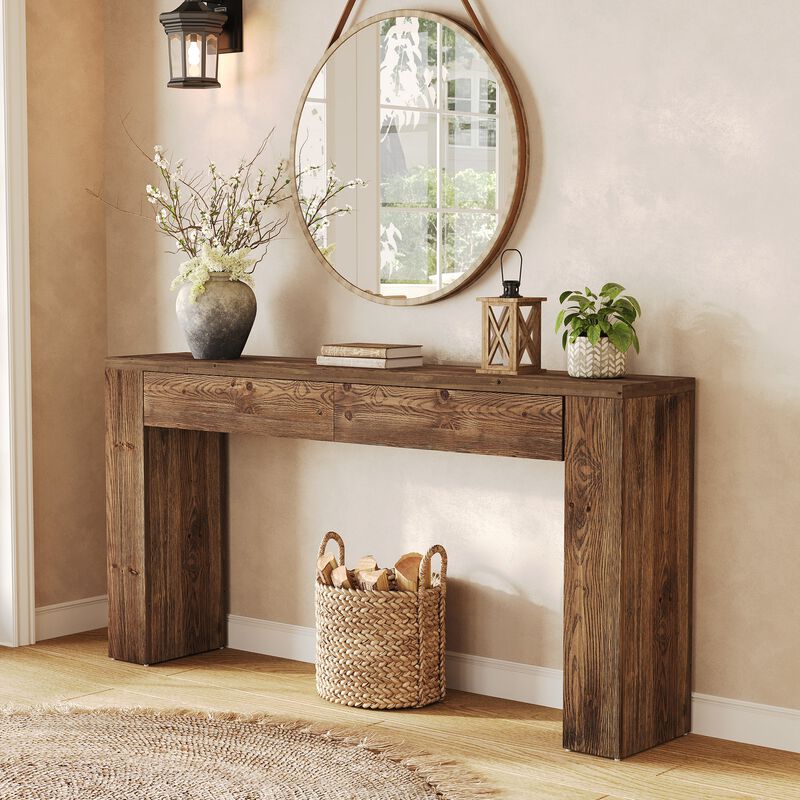 Solid Wood Sofa Console Table with Hidden Drawers for Behind Couch-Brown image number 4