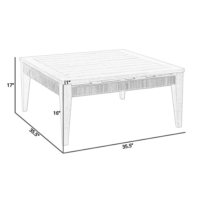 Kimi 36 Inch Outdoor Coffee Table, Brown Eucalyptus Wood, Woven Rope Apron - Benzara