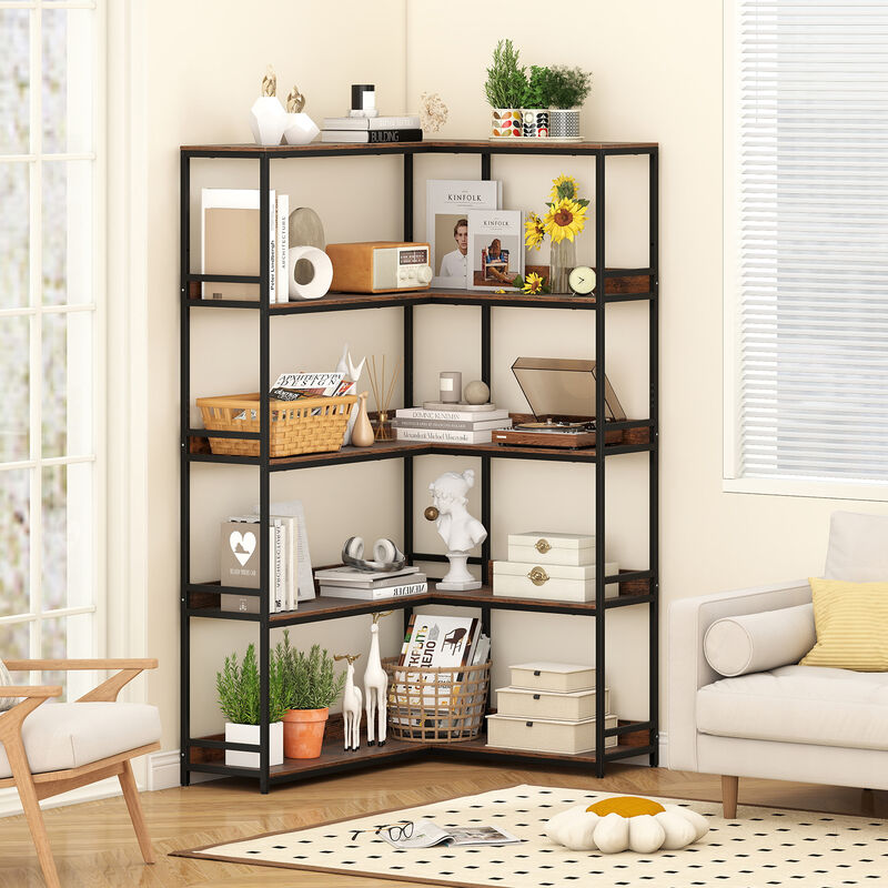 5-Tier L-Shaped Corner Bookshelf with Metal Frame, Space-Saving Etagere Design