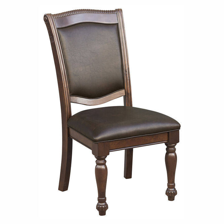 Traditional Dining Wooden Side Chairs Set of 2 Brown Cherry Finish Faux Leather Upholstery Home Furniture