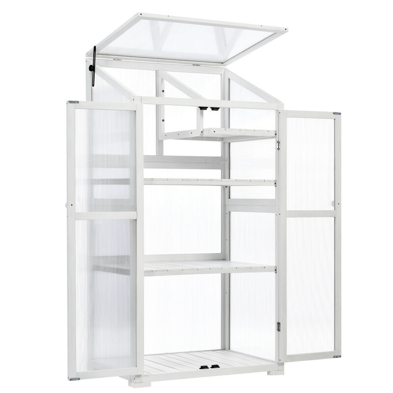 62inch Height Wood Large Greenhouse Balcony Portable Cold Frame with Wheels and Adjustable Shelves for Outdoor Indoor Use, White