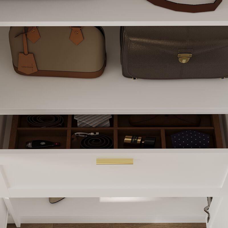 FUFU&GAGA Grand Wardrobe with Glass Doors, Soft Matte Finish, P2 MDF Construction, Gold Handles & Cushioned Nook (122"W x 97"H x 15.7"D),White