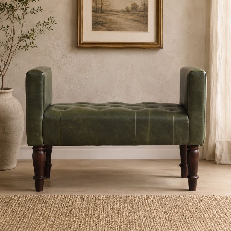 Artisan Furniture Solid Wood Walnut Green Leather Bedroom Bench, Green & Brown image number 1