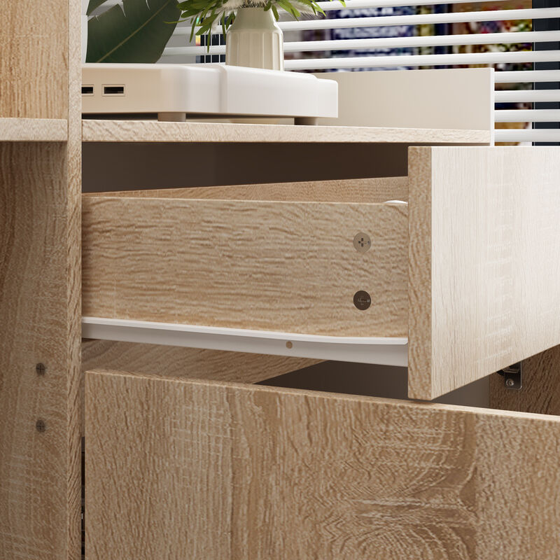 Reception Desk with Drawer & Cabinet, Reception Counter Desk with Keyboard Tray, Front Reception Table Retail Counter for Checkout, for Office Store, Oak and White, 25.2”D x 87.2”W x 47.2”H