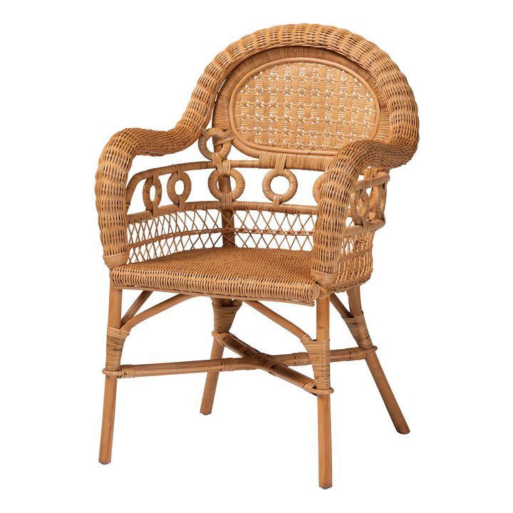 bali & pari Abigale Natural Rattan Dining Chair - Handwoven Wicker Accent Chair with Arms and Openwork Frame for Kitchen or Dining Room