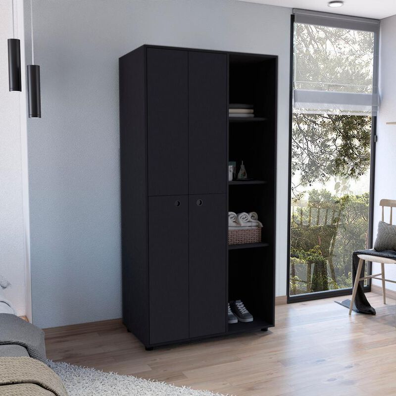 Armoire with 2-door Storage with Metal Rods, Drawer, 3 Open Shelves, Black