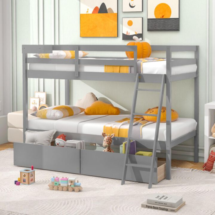 Hivvago Twin Over Twin Bunk Bed Wood Bed Frame with 2 Storage Drawers and Ladder