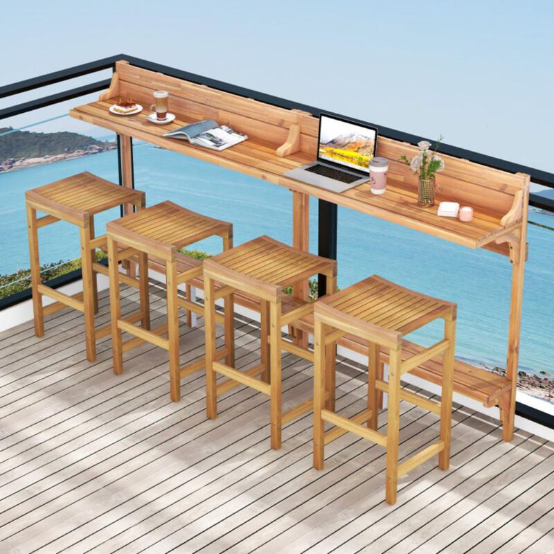 Hivvago 3 Pieces Patio Acacia Wood Bar Table Set with Footrest Curved Wood Seat