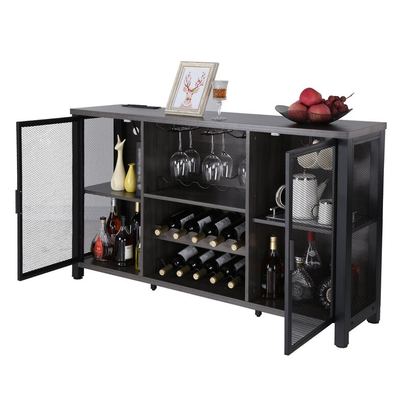 Industrial Bar Cabinet with Wine Rack and Storage for Liquor, Glasses, and More