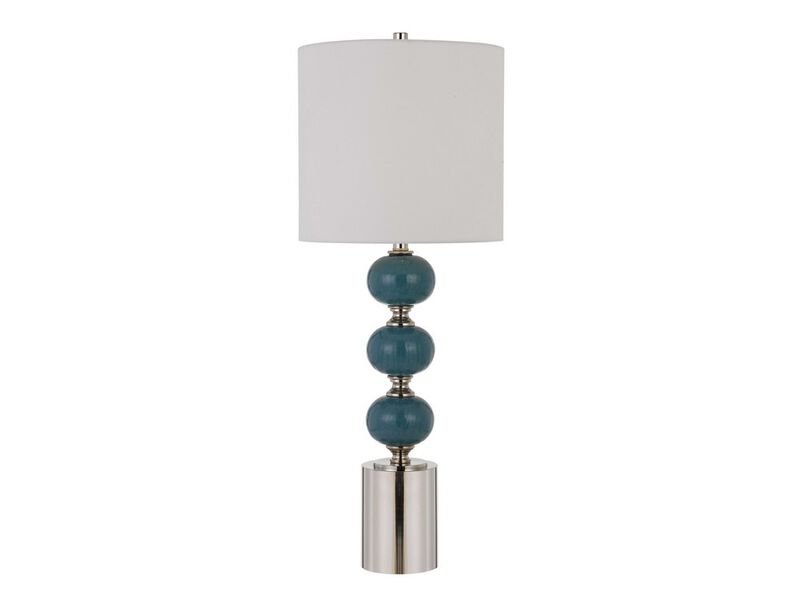 Stacked Ball Design Table Lamp with Fabric Shade, Set of 2,Blue and Silver - Benzara image number 1