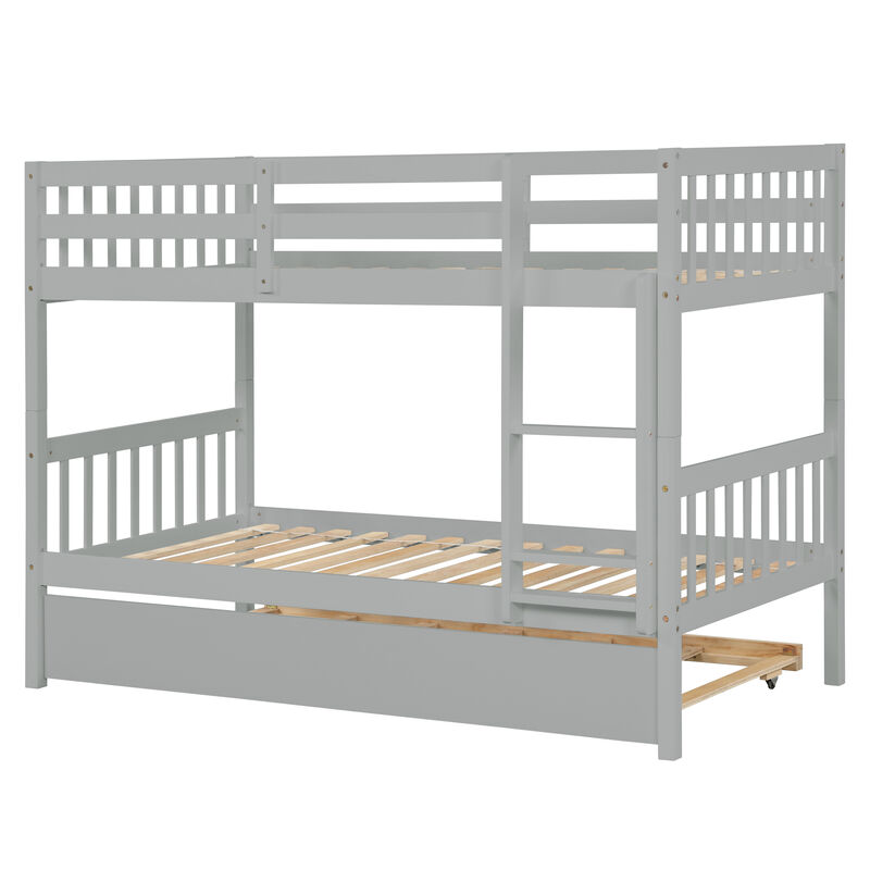 Whisen Twin Over Twin Rubber Wood Bunk Bed with Trundle, Convertible into Twin Size Beds, Twin Size Bunk Bed with Ladder and Safety Guardrails - White