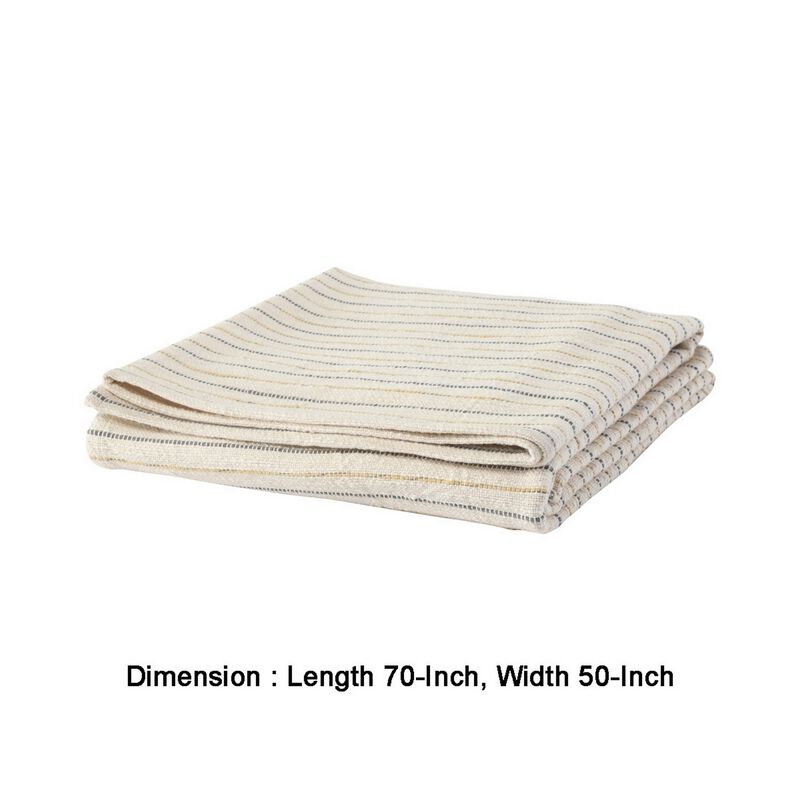 70 Inch Extra Soft Cotton Throw Blanket, Yarn Dyed Striped Design, Cream-Benzara