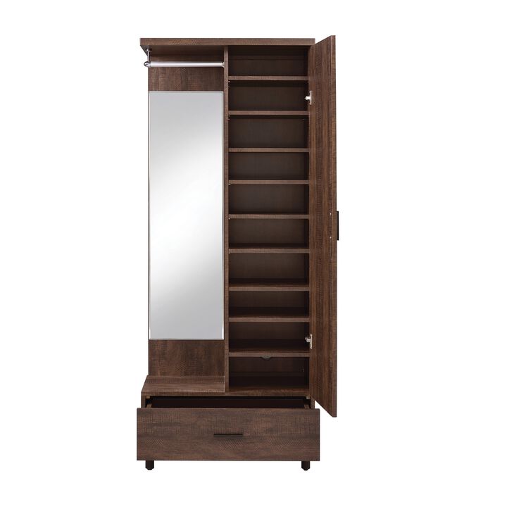 Mirrored Wooden Hall Tree with 1 Door and 1 Drawer, Brown and Silver-Benzara