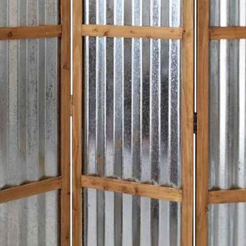 Industrial 3 Panel Foldable Screen with Corrugated Design,Silver and Brown - Benzara